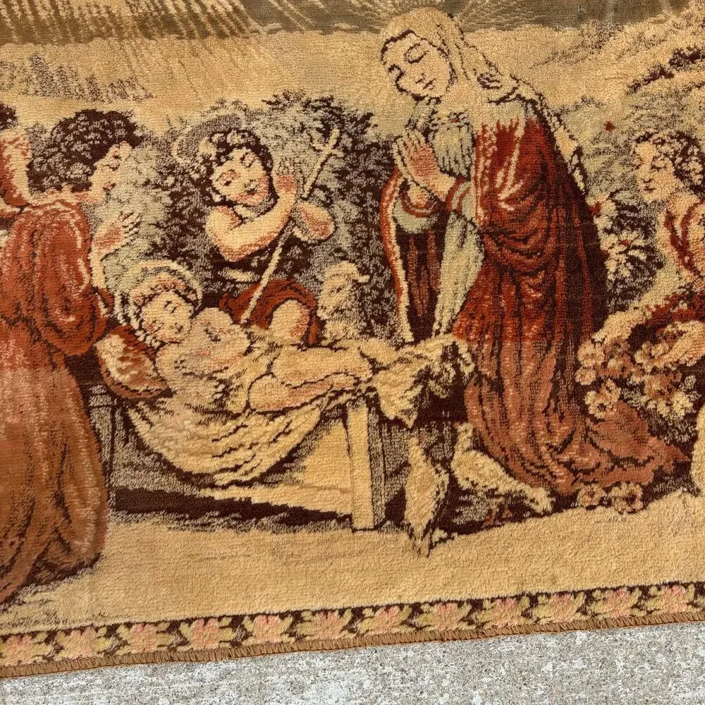 Vtg Italy Velvet Tapestry Wall Hanging Rug - Religious Christian Nativity Jesus